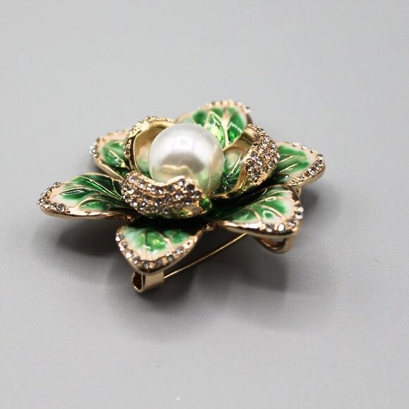 Flower jewelry brooch pin pendant nature white pearl green yellow gold tone - Picture 8 of 12